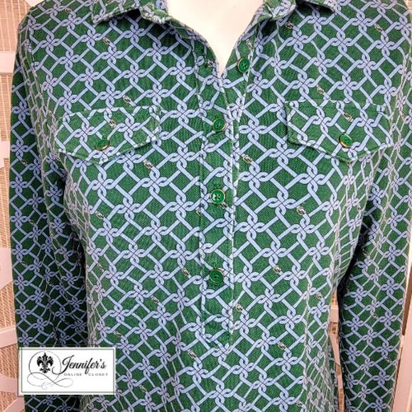 Talbots Green with Blue Belt and Buckle Print Long Sleeve Top Size M - Picture 5 of 11